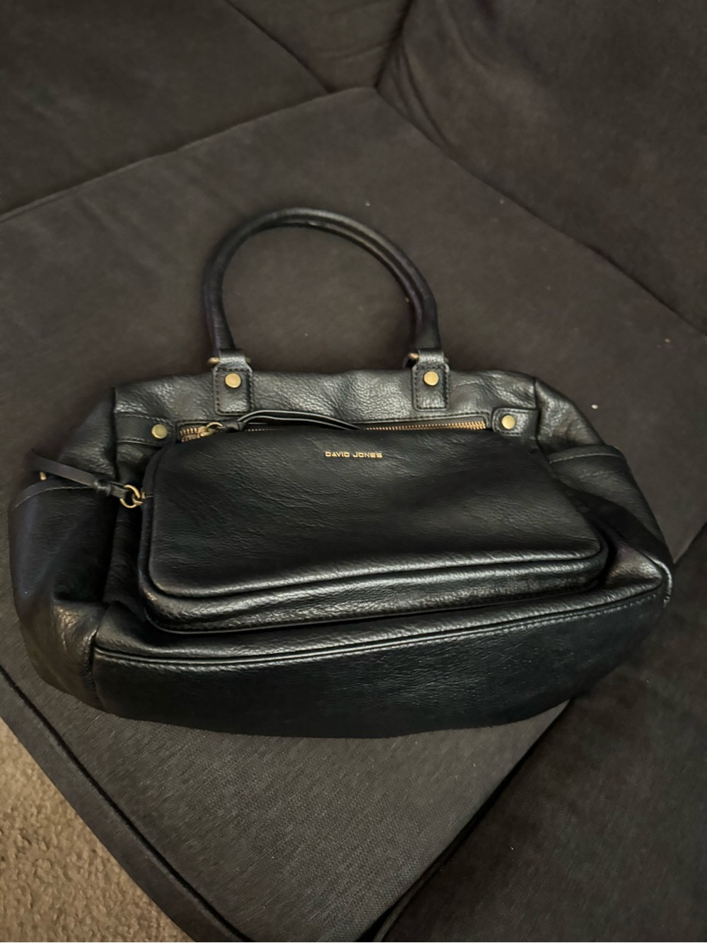 David Jones Black Leather Shoulder Bag with Front Pouch